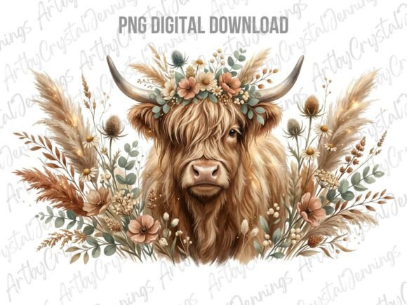 Beautiful Boho Highland Cow: A Versatile Design Asset