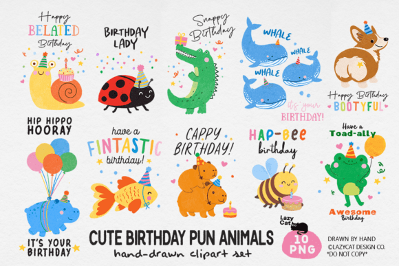 Celebrate with Whimsy: The Birthday Pun Animal PNG Clipart Bundle