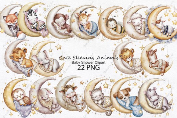Charming Sleeping Animal Clipart for Baby Shower Designs