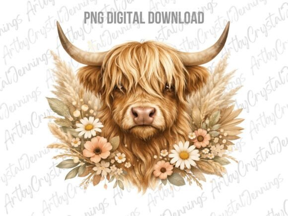Floral Boho Highland Cow Farm Animal PNG: A Designer's Go-To Asset