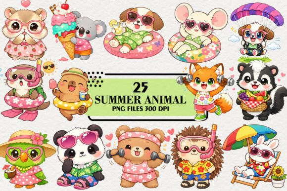 Kawaii & Funny Summer Animal Clipart: Playful Design Assets