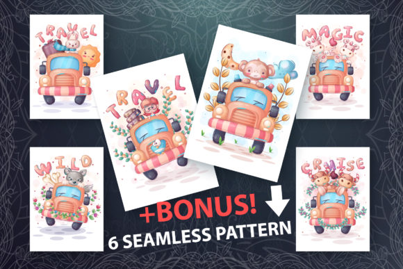 Set Cute Animal in the Car: Charming Illustrations for Creative Projects