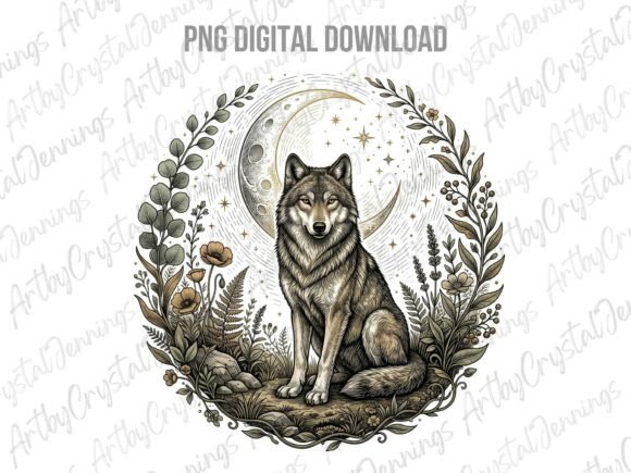 Unleashing the Vintage Celestial Moon Wolf PNG