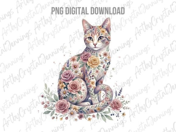 Watercolor Floral Cat Pet Animal PNG: A Creative Asset for Designers