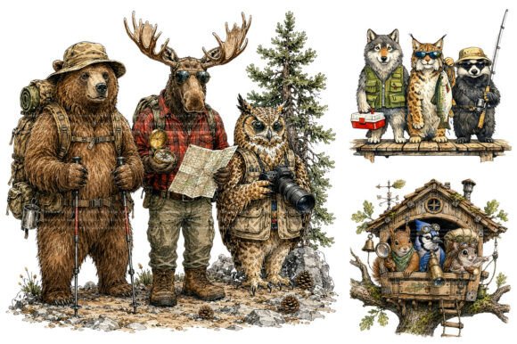 Whimsical Watercolor Beach Camping Animal Clipart